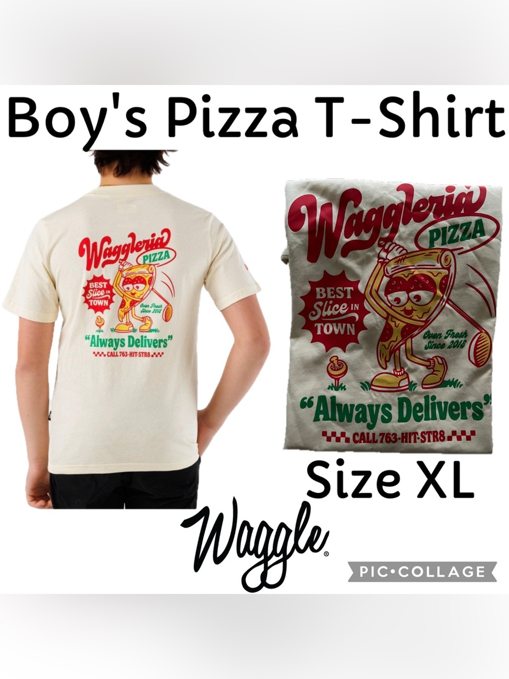 Waggle Kid’s Unisex 100% Cotton T-Shirt Waggleria Pizza Golf Theme Tee Size XL